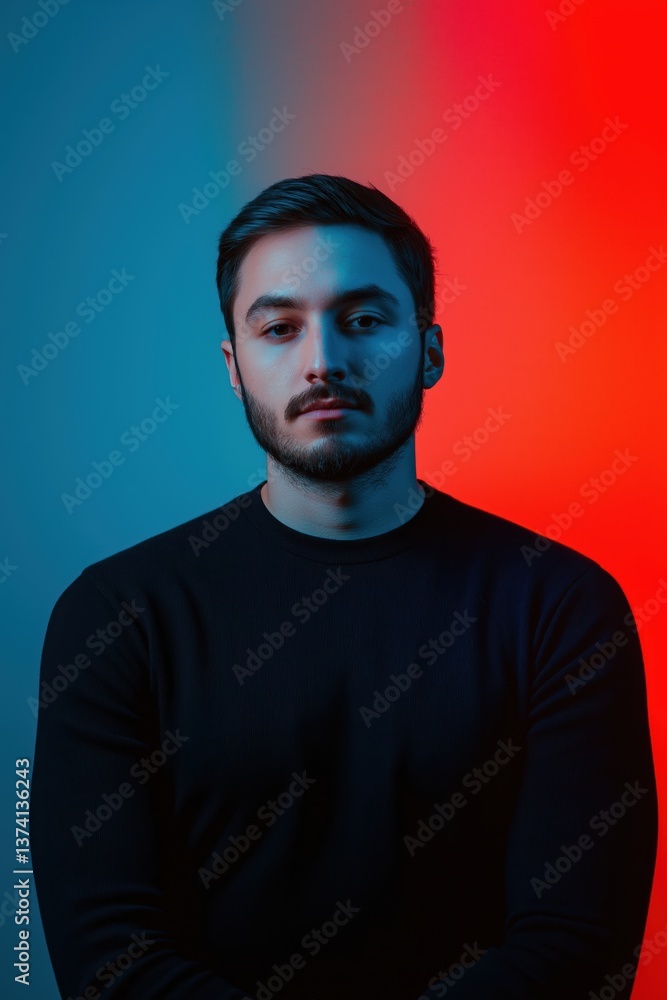 Portrait of young man with blue and red lighting, close-up Portrait of young man with blue and red lighting, close-up