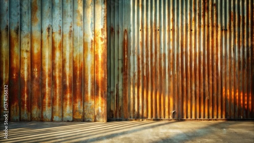 Rustic corrugated metal wall with textured surface and sunlight shadows cast on the ground