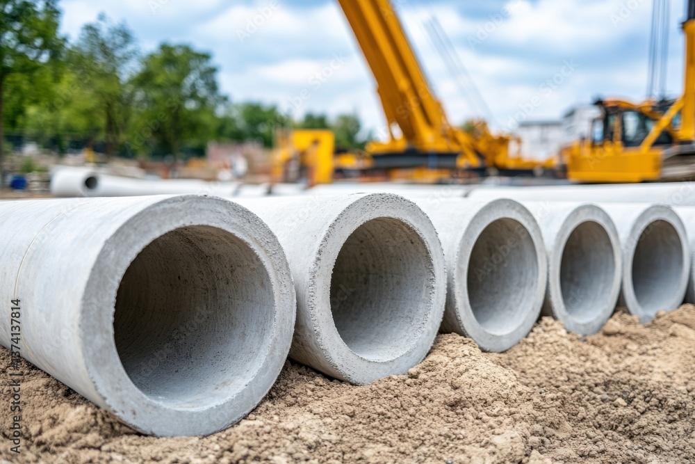 Large concrete pipes laid out at construction site, crane visible in background. Large concrete pipes laid out at construction site, crane visible in background.