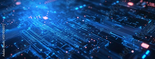 A futuristic backdrop of electronic circuits and technology, rendered in a palette of light black and indigo, features an innovative page design with dotted, luminous shadows, set against a dark navy