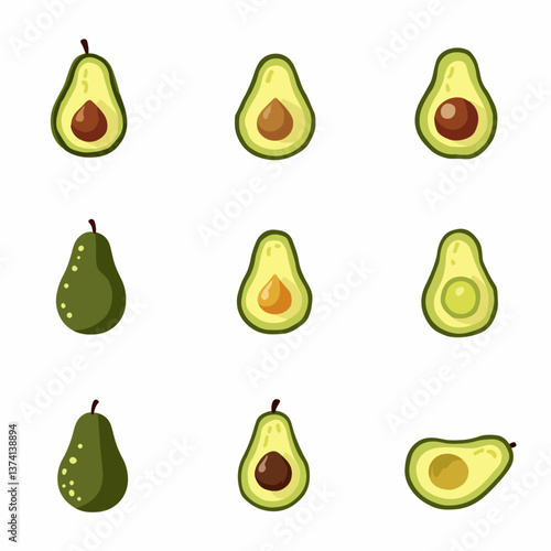 Set of avocado vector illustrations on white background	