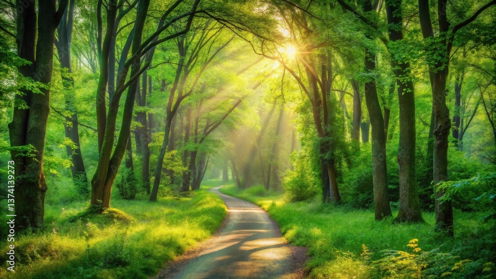 Fototapeta premium Sunlit Path Through a Lush Green Forest Canopy, Illuminating a Serene Winding Road