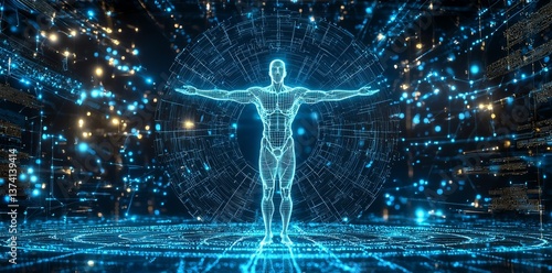 A futuristic twist on the classic Vitruvian man, depicted in polygonal wireframe
