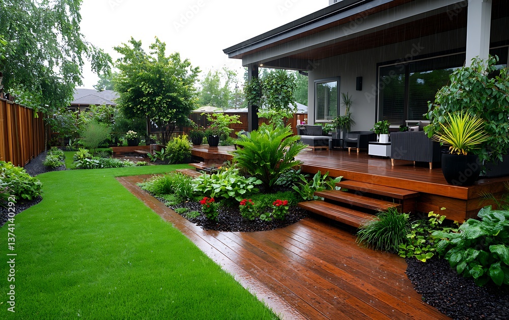 Rainy day backyard deck garden.