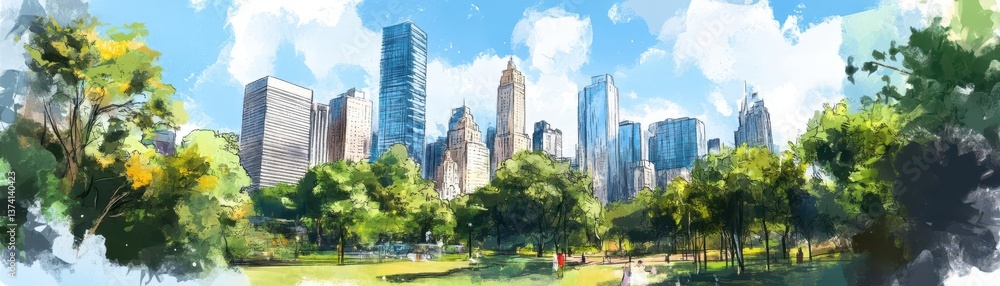 Obraz premium Vibrant City Skyline Surrounded by Lush Green Park Landscape