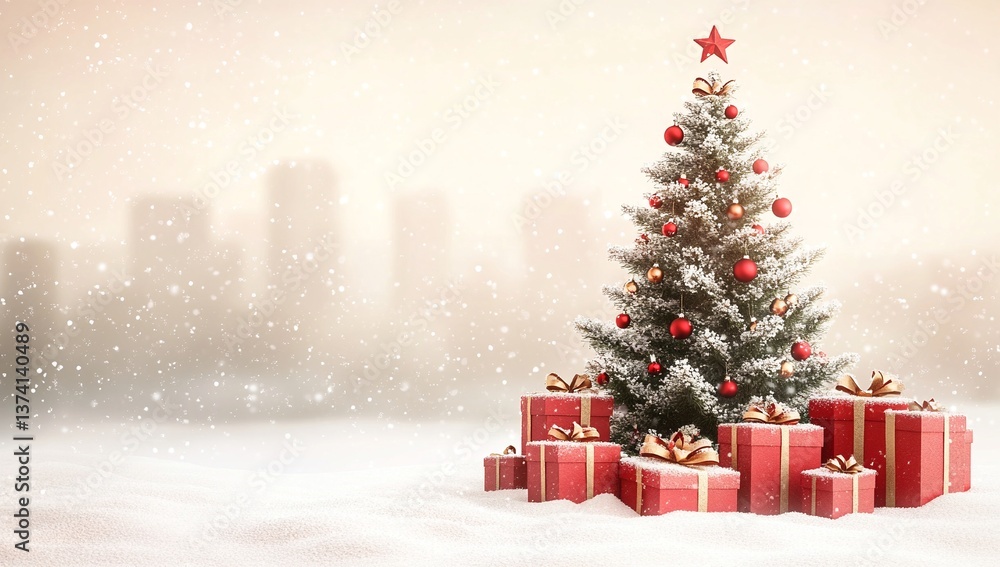 Obraz premium A snow-covered Christmas tree adorned with red and gold ornaments stands in a winter wonderland, surrounded by festively wrapped gifts.