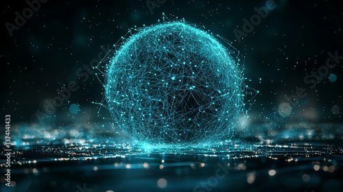 Distortion waves loop around an abstract sphere comprised of particles, accompanied by a digital splash of data from a spherical point array, forming a futuristic glitch UI element