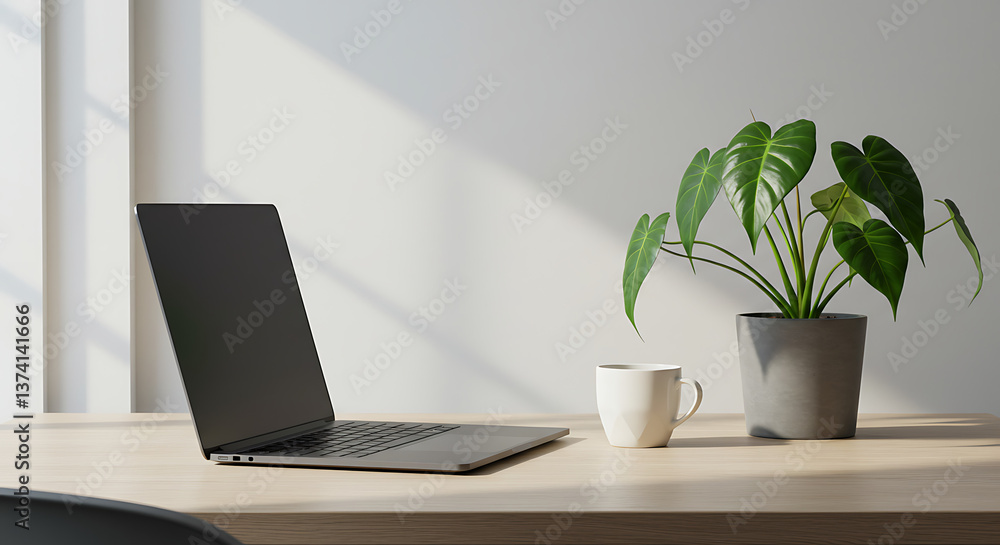 Fototapeta premium Modern workspace with laptop, plant, and coffee cup in bright room 