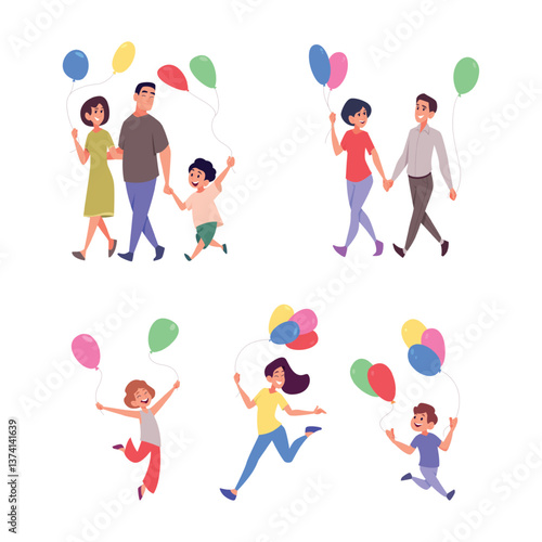 People with balloons. Male and female adults and happy kids holding and playing with colorful balloons for holiday attractions exact vector cartoon characters