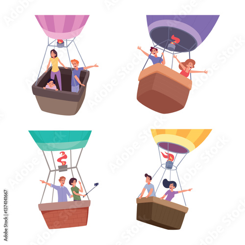 Air balloon. Tourists, happy travelers, flying in a basket of an air balloon. Exact vector cartoon template picture of sky exploration characters