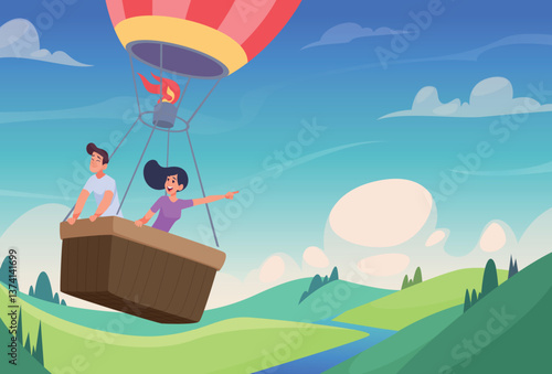 Sky balloon exploration. Happy travelers exploring outdoors and flying in hot air balloons exact Vector background illustration in a cartoon style
