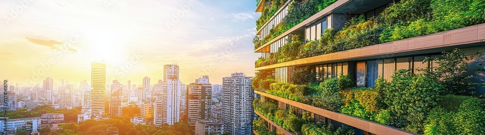 Fototapeta premium Visionary city planning is showcased through a blend of sustainable urban landscapes, modern towers, and lush greenery, all accentuated by the warm tones of sunrise