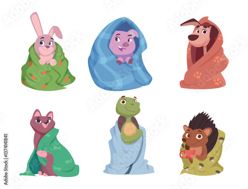 Animal in plaids. Funny cartoon wild animals sitting in home in different poses and taking cozy blankets exact vector templates set