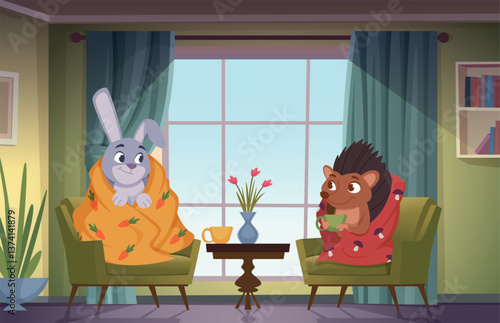 Animals in blankets. Cozy plaids for funny happy animals in cartoon style exact vector template background