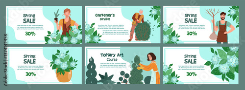 Collection of vector illustrations featuring gardening themes and spring sale promotions. Includes diverse characters engaged in gardening tasks, showcasing plants and garden tools with vibrant spring