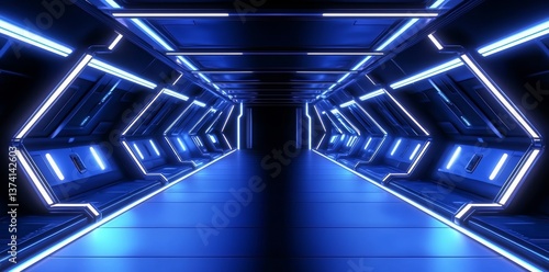 A blue, futuristic corridor or shaft serves as the background in a sci-fi setting
