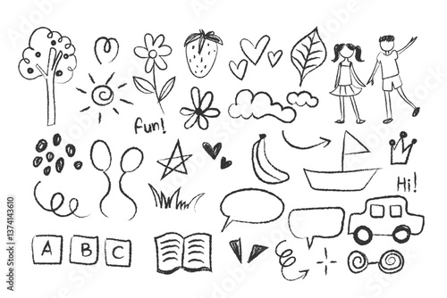 Scribble, doodle, kid set hand drawing on paper with pencil, crayon, charcoal, and chalk texture. Naive and childish element, book illustration, and more.	
