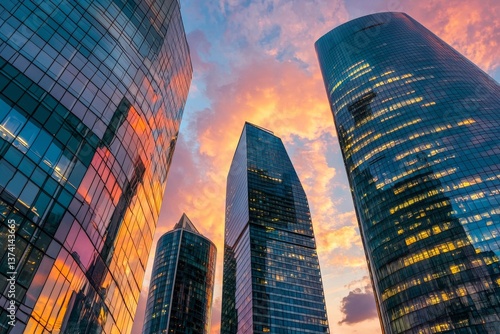 Panoramic view of a stunning city at sunset, showcasing majestic skyscrapers and a thriving skyline, with room for text or graphic overlays