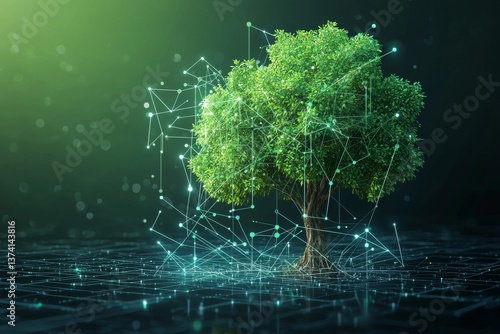 In a digital, futuristic context, tree growth serves as a symbol of leadership, represented through polygonal shapes