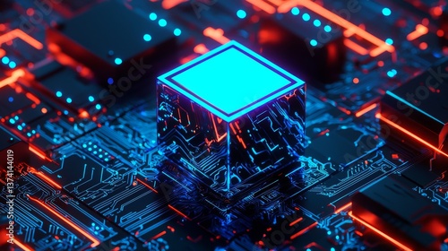 A futuristic technology cube displaying a hologram of digital data with internet connectivity set against a cyber tech background wallpaper