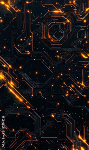 An abstract background with a futuristic theme, consisting of glowing yellow hexagons on a black surface