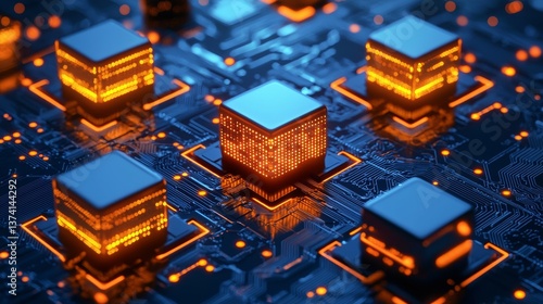Modern abstract futuristic computer technology incorporates a square cube microchip system for hardware drive circuit boards