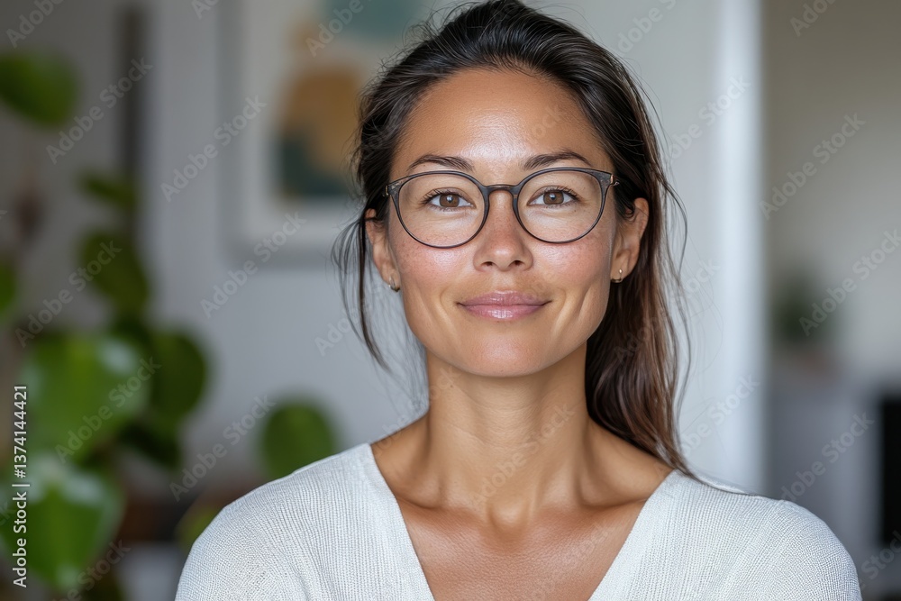 A calm woman with glasses smiling softly, surrounded by greenery, representing confidence and serenity in a cozy home environment filled with natural light. A calm woman with glasses smiling softly, surrounded by greenery, representing confidence and serenity in a cozy home environment filled with natural light.