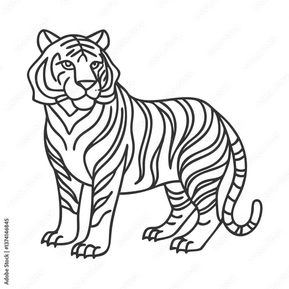Standing tiger with stripes in outline coloring style Standing tiger with stripes in outline coloring style