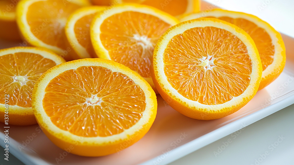 Fototapeta premium Fresh orange slices arranged on a white plate