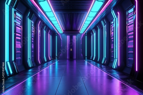 A neon-lit corridor with a futuristic aesthetic, designed for incorporation into sci-fi spaceship scenes in gaming, metaverse, and cyberpunk projects