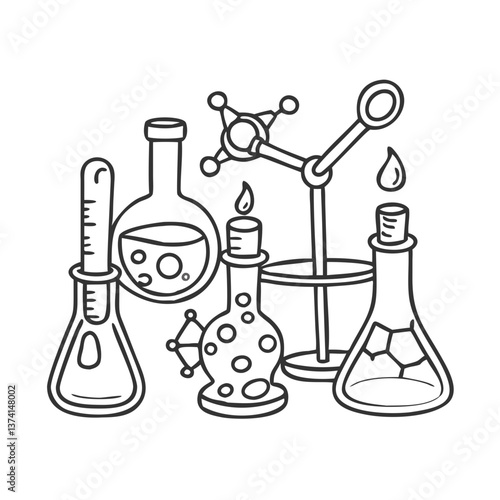 Laboratory equipment coloring page with test tubes and flasks