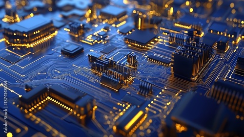 A close-up view of a futuristic circuit board showcases its advanced technology, with glowing lights accentuating the complexity of its electronic design