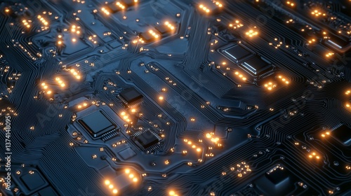 A futuristic circuit board is shown in close-up, featuring glowing lights that highlight its advanced technology and complex electronic design
