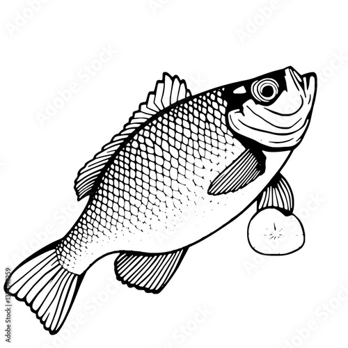 Detailed Line Art Drawing Of A Fish With Scales Fin Details And A Lemon Slice
