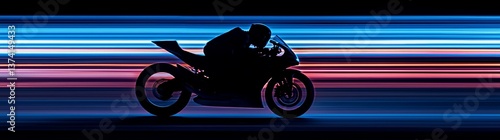 A motorbike rider's dynamic motion is showcased in a futuristic blue setting, embodying speed and adventure photo