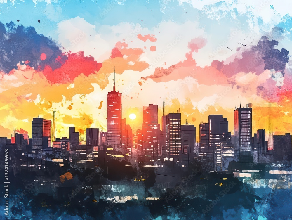 Obraz premium Vibrant Sunset Over Urban Skyline with Colorful Cloudy Sky