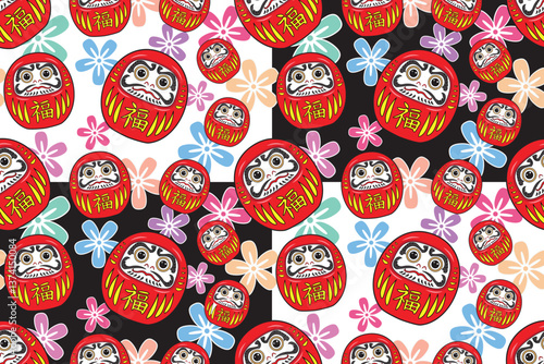 Seamless pattern of daruma famous Japanese traditional doll with text meaning good luck with cherry blossoms background in black and white drawing in colorful cartoon vector