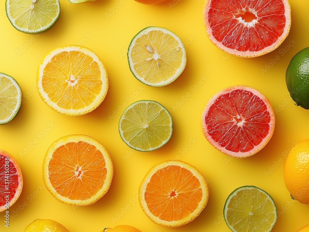 Obraz premium Slices of various citrus fruits, including oranges, lemons, and limes, are artfully laid out on a bright yellow surface
