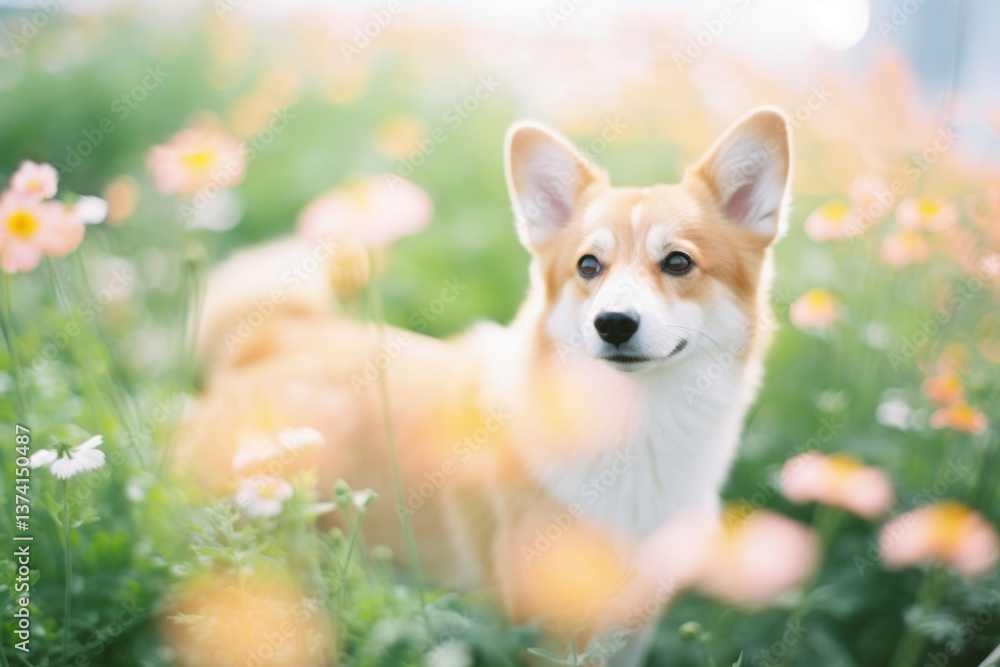 Naklejka premium A corgi dog in a flower garden outdoors mammal animal.