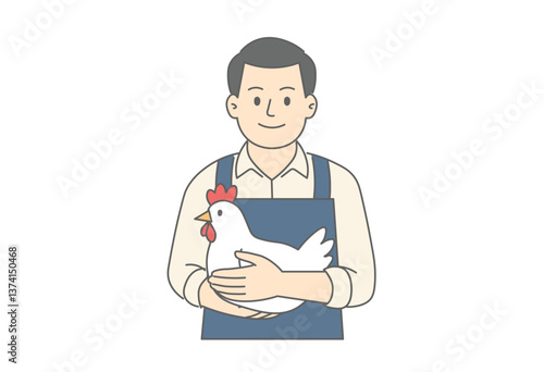 農家, 男性, 畜産, 養鶏, 鶏, ニワトリ, 家畜, たまご, 食育, 農業, 農業男子, 田舎暮らし, 自給自足, エプロン, 帽子, 飼育, 手に持つ, 笑顔, 人物, イラスト, ベクター, シンプル, カラー, 無背景, ファーム, 農場, 食料自給率, 地産地消, 鶏肉, 食材, 収穫, 生産者, 持続可能, サステナブル, 安心安全, 家庭菜園, 鳥類, 農村, ビジネス, 人, 