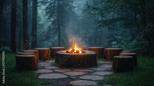 Misty forest campfire with stone seating.