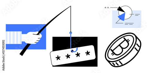 Fishing rod hooks password card beside Bitcoin coin, data analysis pie chart. Ideal for cybersecurity, financial fraud, hacking awareness, online safety, cryptocurrency threats, malicious tactics