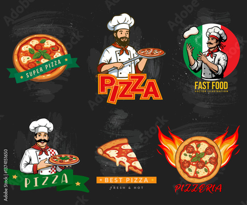 Vector collection of pizza emblems. Suitable for restaurants, fast food, delivery, bistro, catering and businesses related to pizza. Badges, elements and icons.