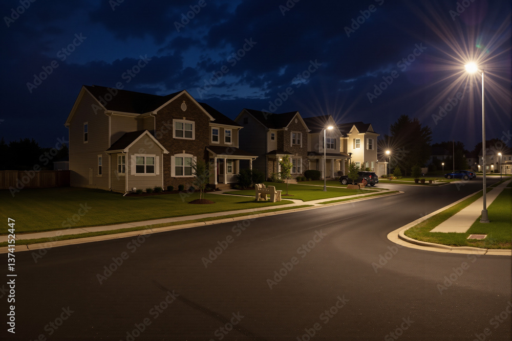 Quiet suburban street illuminated at night with street lights Quiet suburban street illuminated at night with street lights