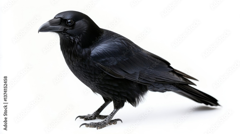 Obraz premium Realistic black raven bird side view isolated on white background concept of mystery.