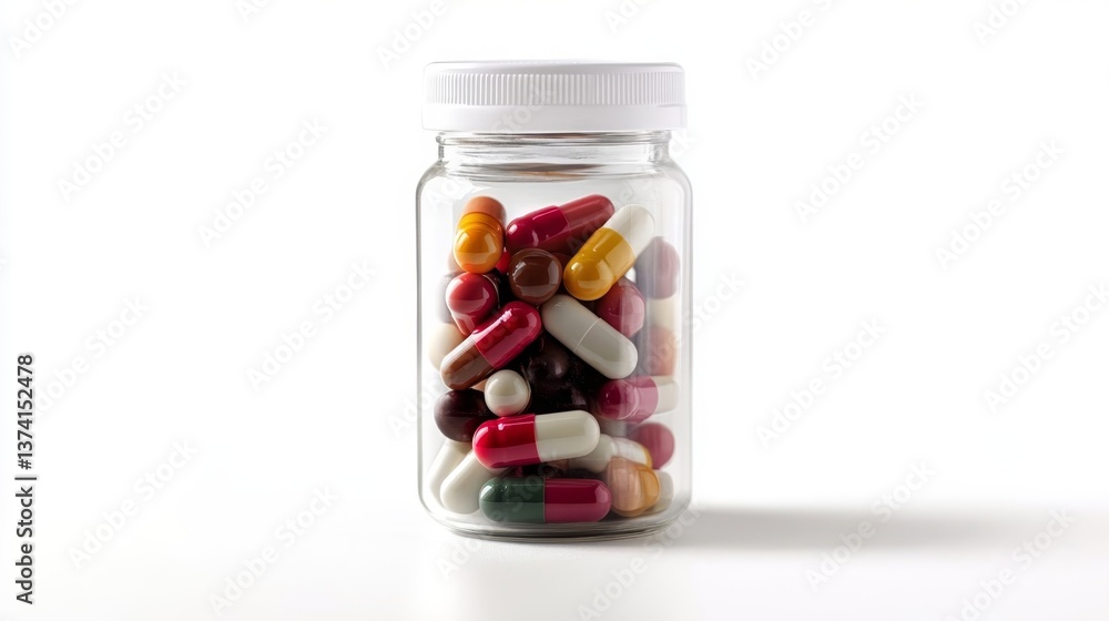 Plastic bottle full of white capsules on light background, close-up view. Plastic bottle full of white capsules on light background, close-up view.