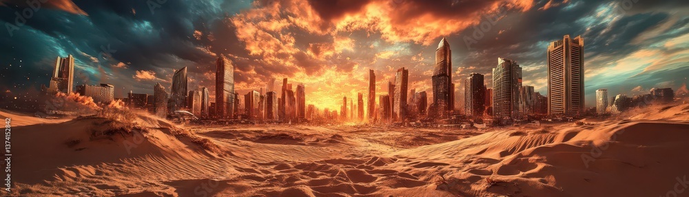 Fototapeta premium Breathtaking Desert Sunset Over a Modern Cityscape with Skyscrapers