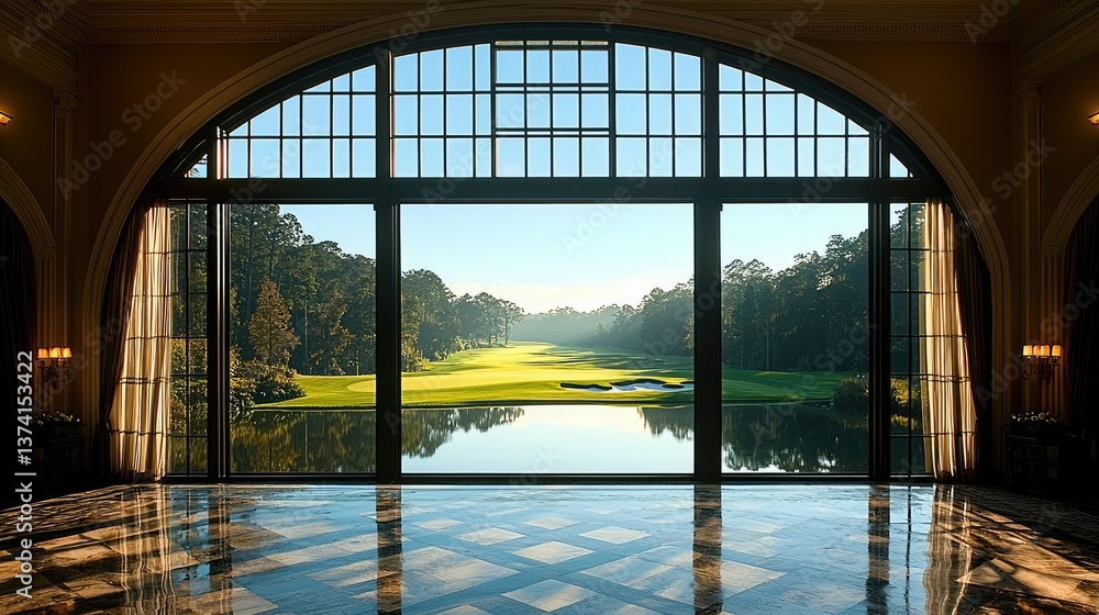 Fototapeta premium A grand arched window reveals a luxurious golf course view