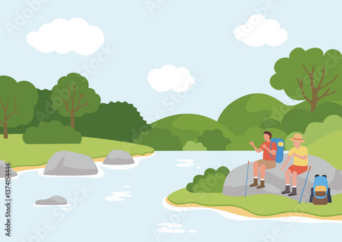 spring outdoor activties trekking background two hikers resting on a rock beside a flowing river, surrounded by green forests under a sky.