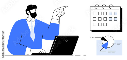 Businessman working on laptop, pointing at a calendar with highlighted dates and viewing a pie chart. Ideal for planning, productivity, management, data analysis, scheduling, teamwork, organization
